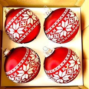 4 Matte Red Glass Christmas Ball Ornaments White Glitter Nordic Snowflake Design